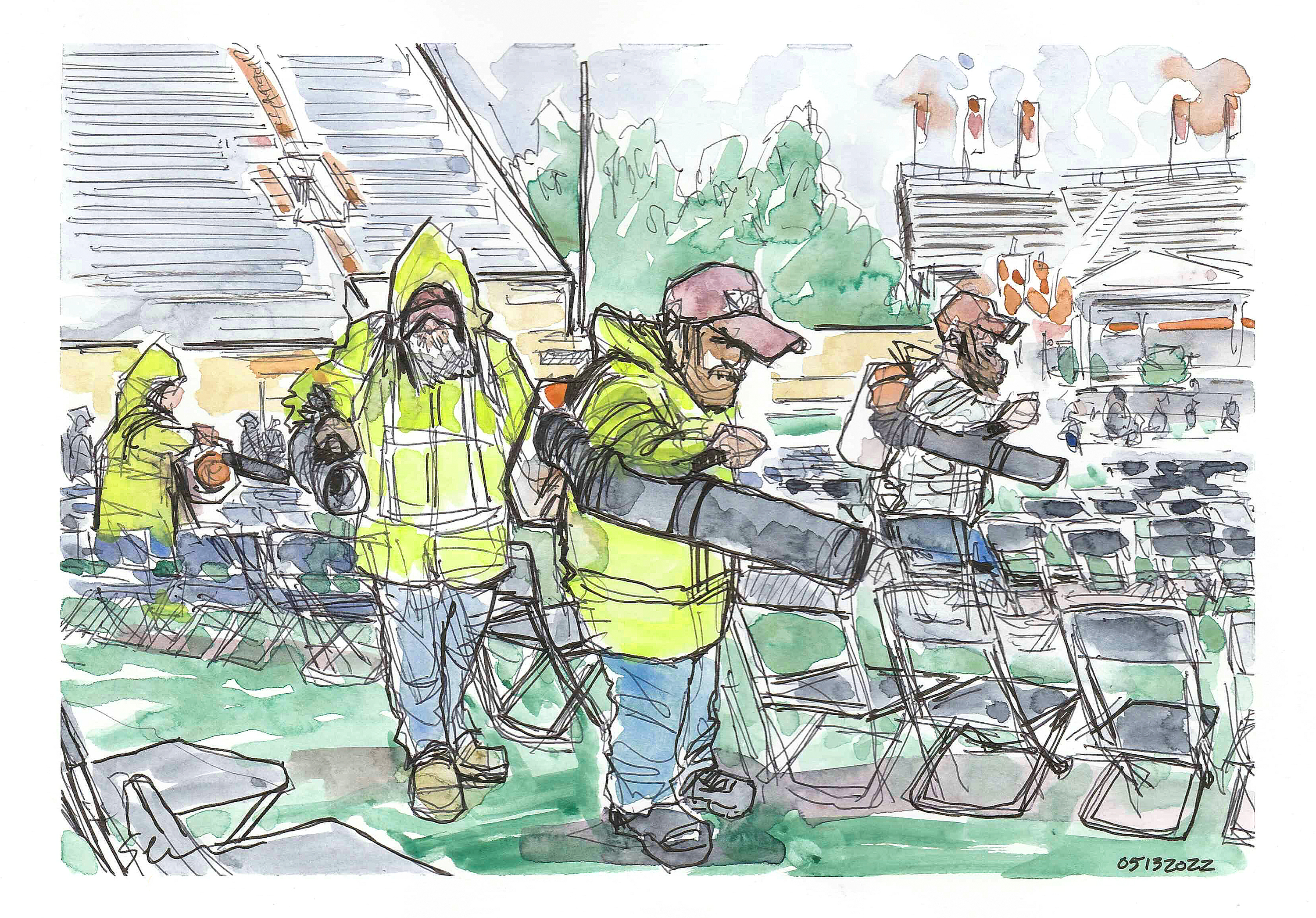 Ink and watercolor sketch of employees drying wet charis at commencment using leaf blowers