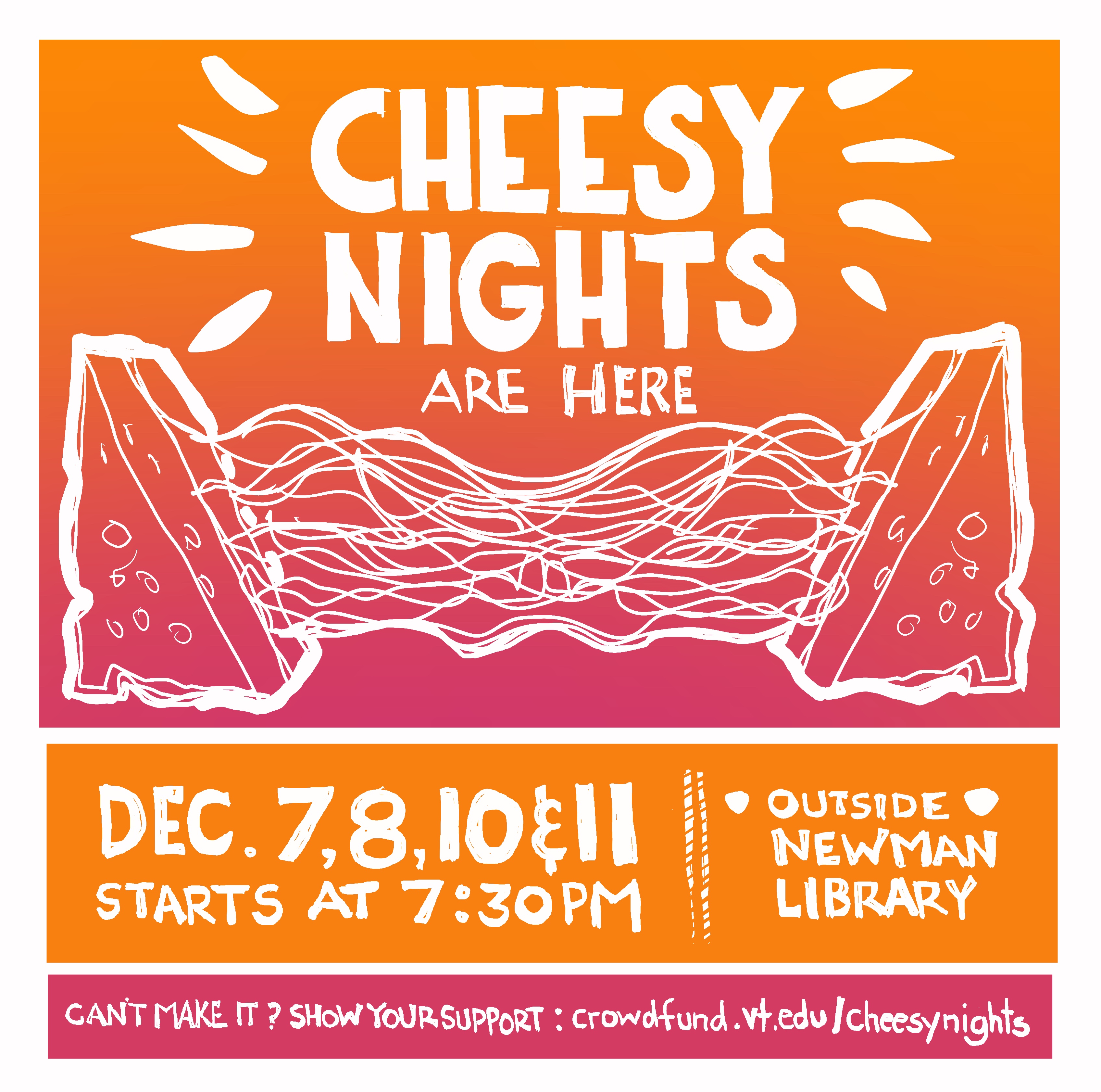 Digital sketch promoting cheesy nights at newman library at 7:30pm during exams