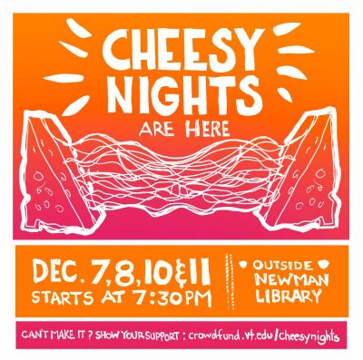 Digital sketch promoting cheesy nights at newman library at 7:30pm during exams