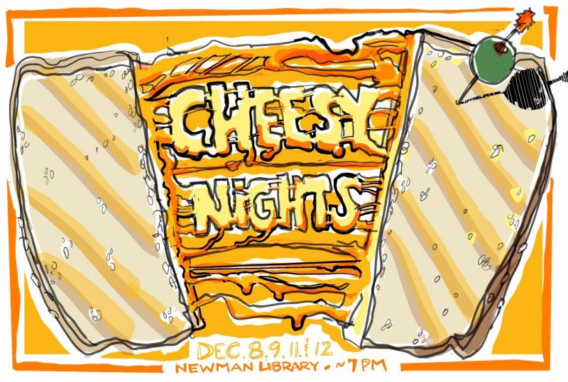 Digital sketch of a grilled cheese sandwish promoting Chessy Nights at the VT Libraries' Newman Library