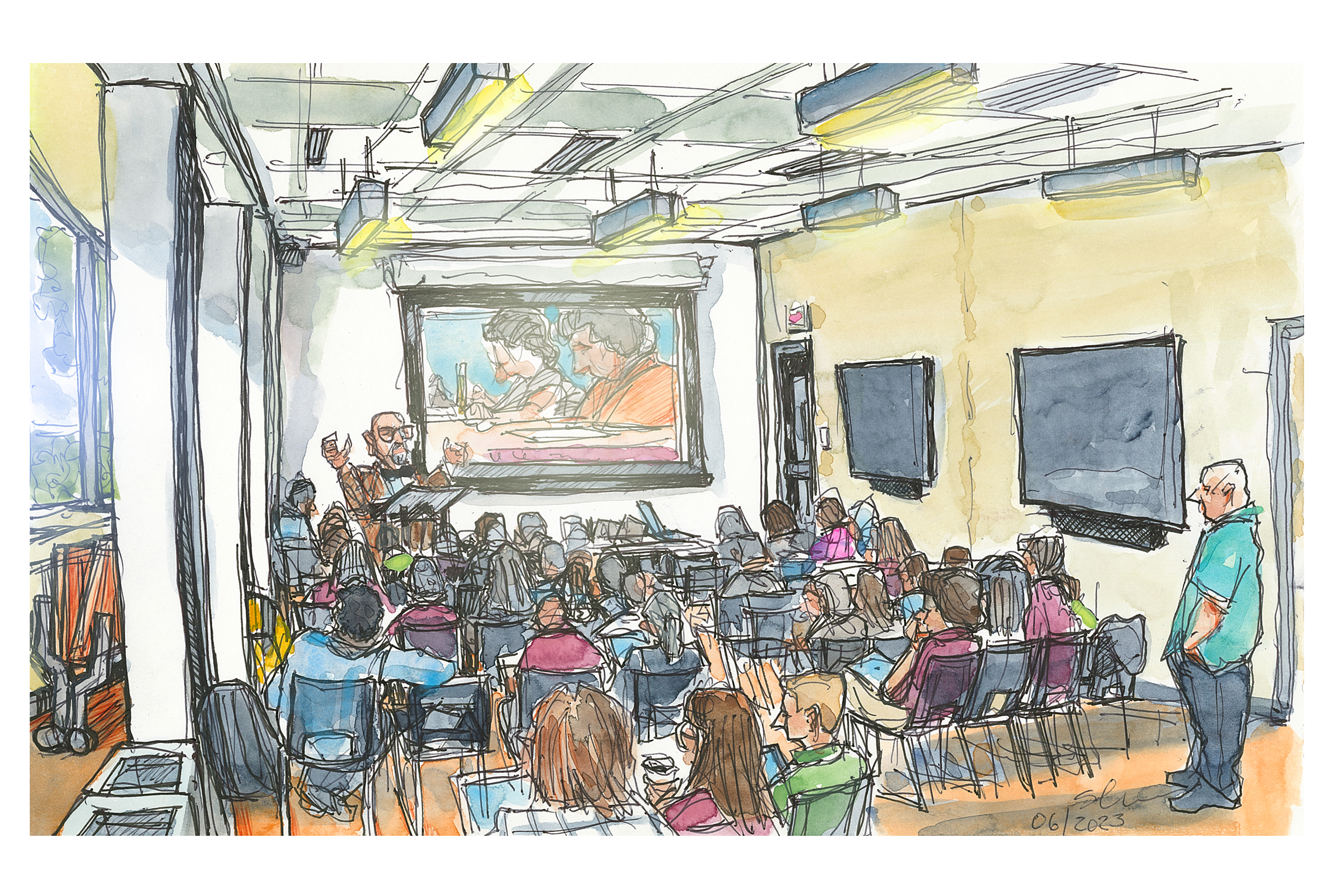 Digital sketch of the "library" meeting room inside the Creativity and Innovation District; monthly communicators meeting