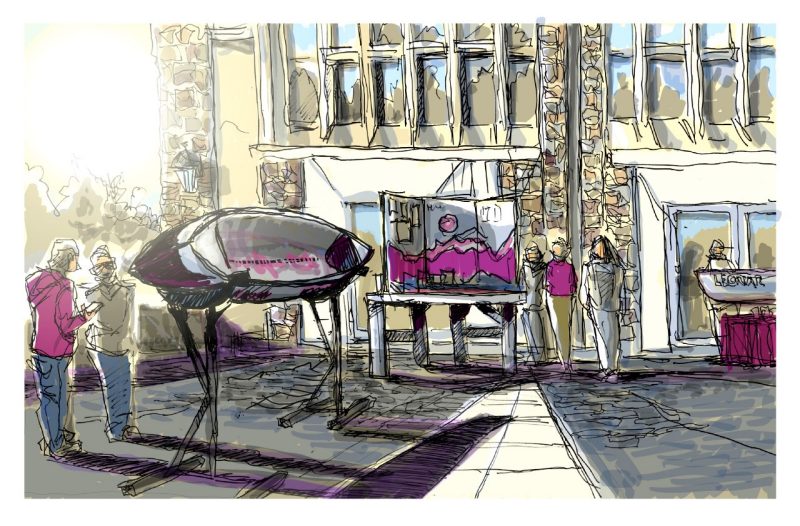 Sketch and digital color of the student engineering teams with concrete canoes -- a regional  competition on the Holtzman plaza and lawn judging canoe asesthics before a compeition for floating