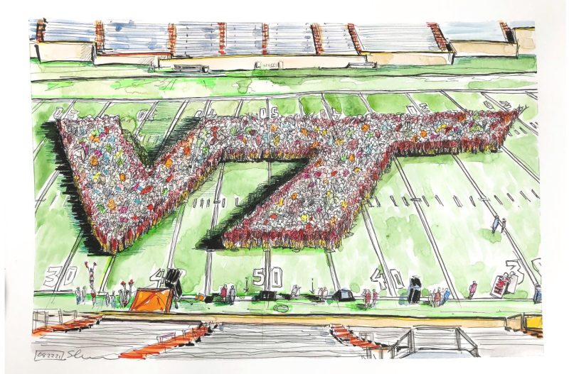 Sketch in ink and watercolor of student forming a "VT" on Worsham Field