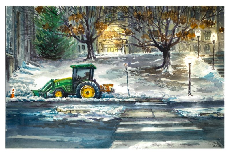 Watercolor sketch of a tractor clearing snow along the sidewalks on Alumni Mall 