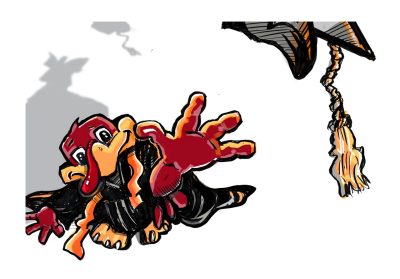 Digitnal HokieBird sketch throwing cap into the air