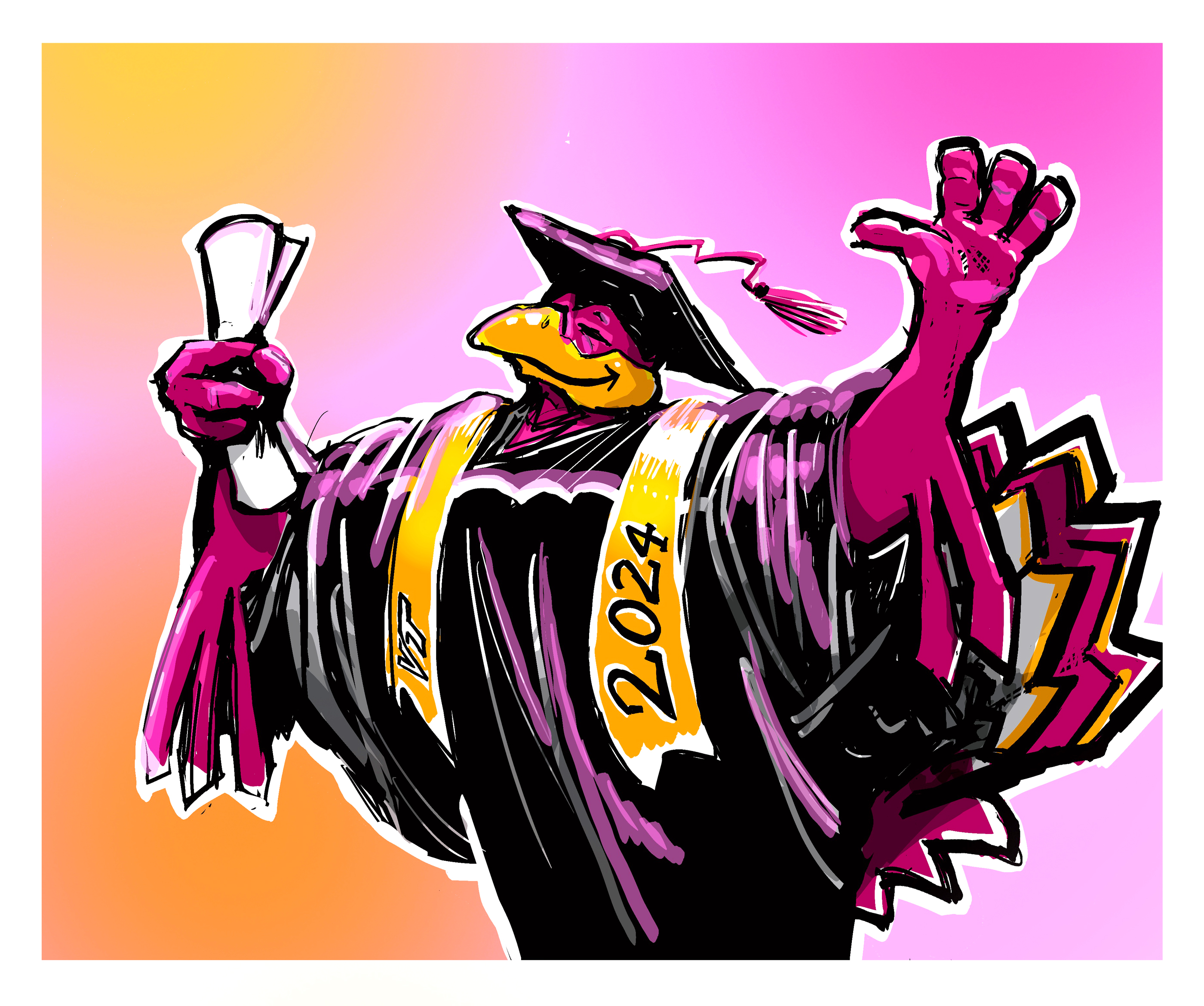 Digital sketch of the hokiebird getting a diploma 