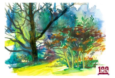 Watercolor sketch with the 100 years of forestry mark for CNRE