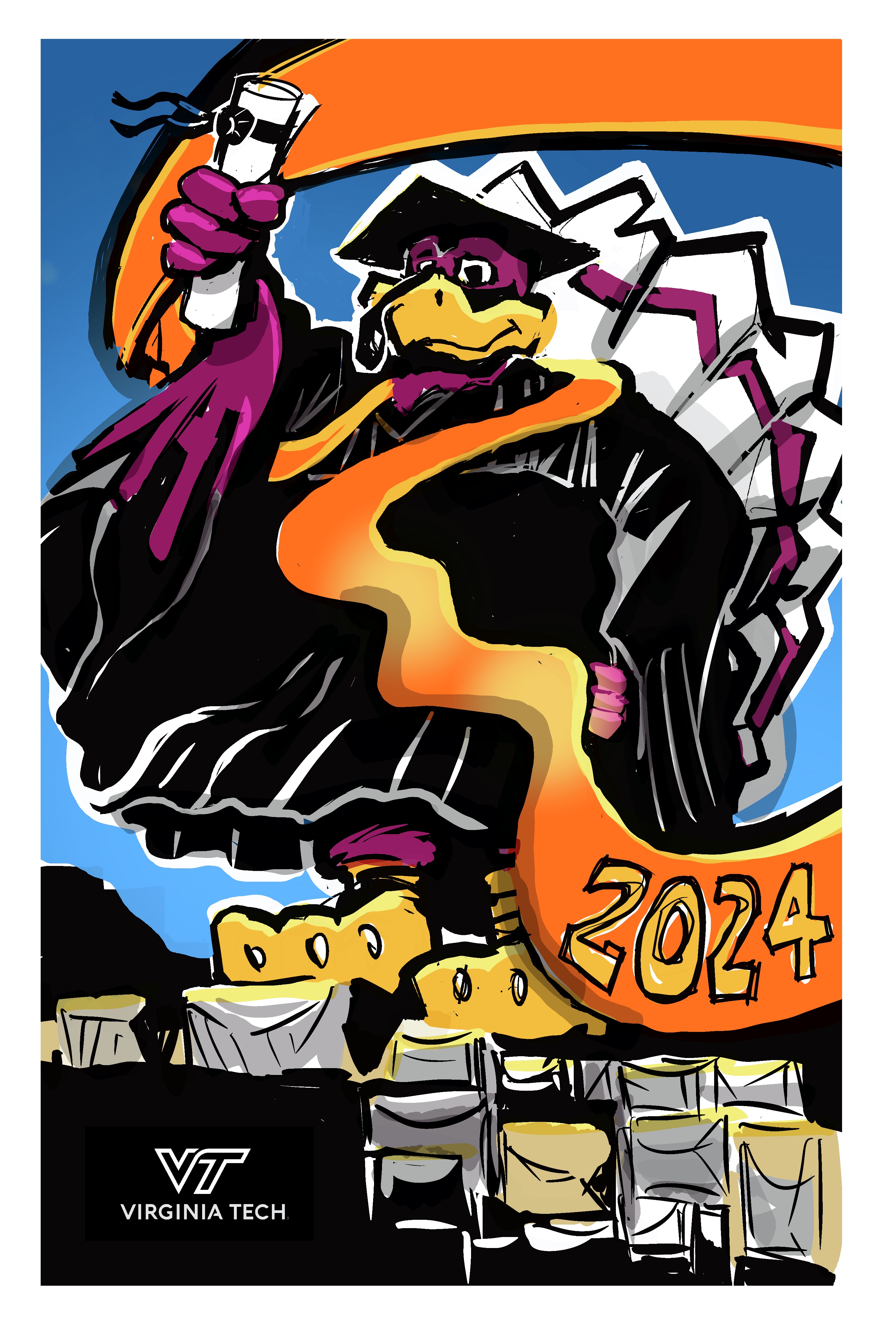 Digital sketch of the HokieBird lifting a diploma and in Commencement Cap & Gown