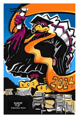 Digital sketch of the HokieBird lifting a diploma and in Commencement Cap & Gown