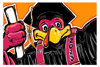 Digital sketch of the HokieBird dressed in grad cap and gown holding a diploma! 