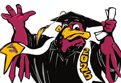 Digital sketch fo the hokiebird in a grad cap and gown and holding a diploma