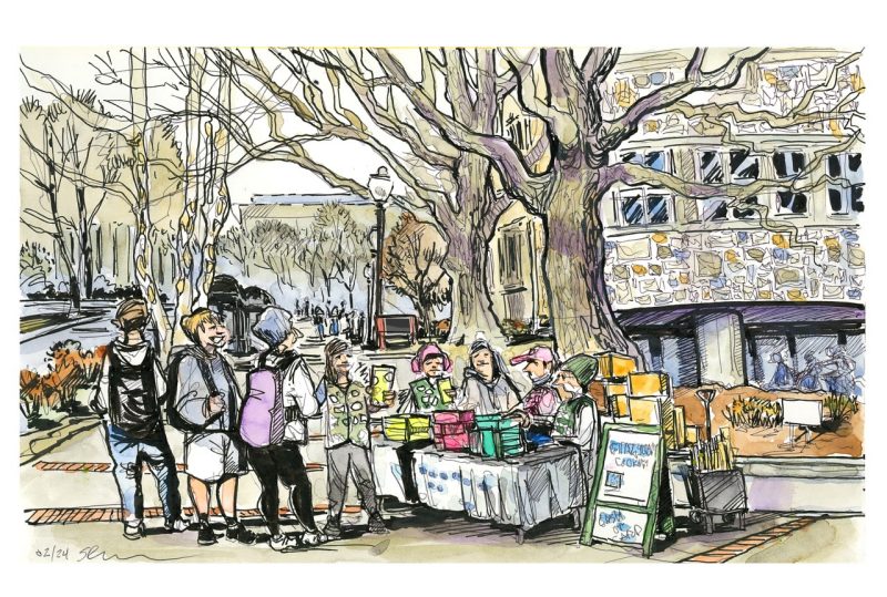 Ink and watercolor of cookie sales on the library plaza; a few people lined up at a table to buy boxes of cookies the Newman Library is in the background along with several trees