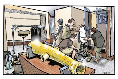Digital sketch of employees assembling a display inside the new Corps of Cadets Museum housed on the first floor of the new Leadership and Military Science building on the Upper Quad
