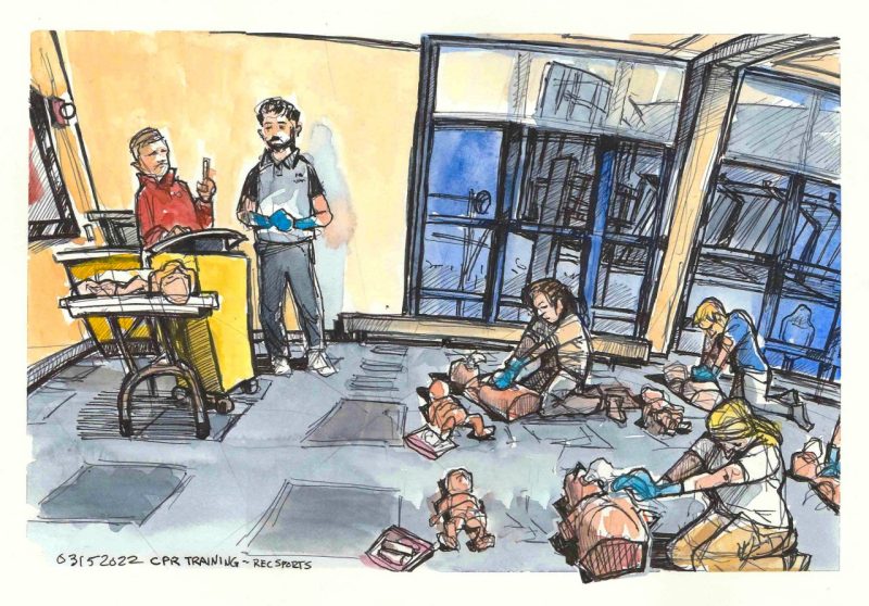 Ink and watercolor sketch of a cpr training course 