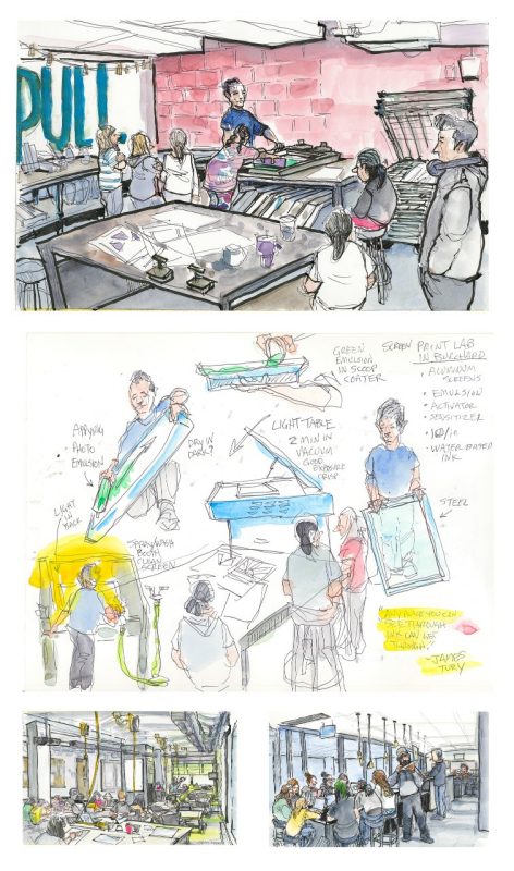 Ink and watercolor sketches of workshops that are part of the sova design week