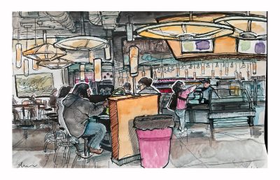 Ink and watercolor sketch of Lavery Hall — Dolce E Cafe