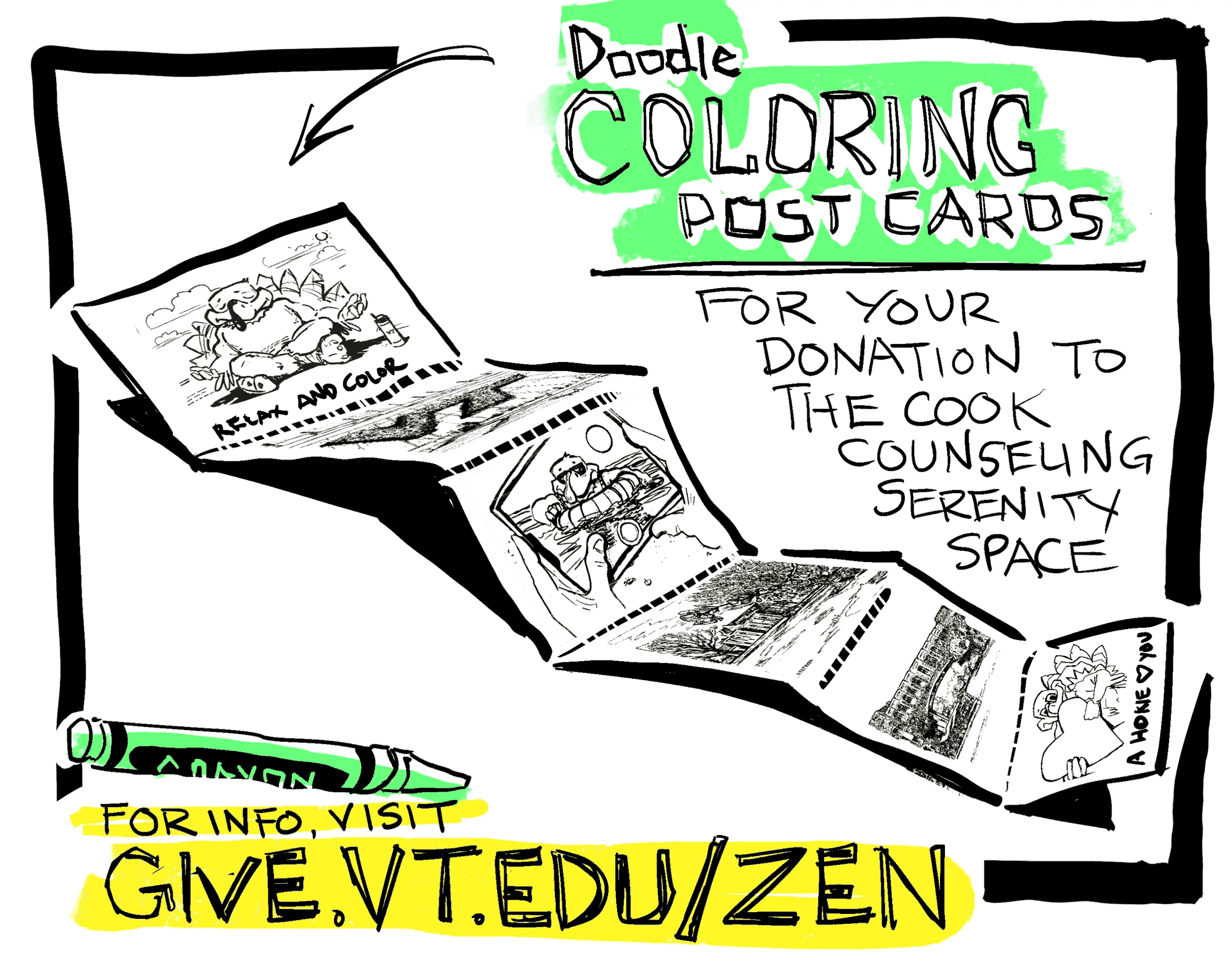 Animated digital sketch of post cards available to donors who support the serenity space campaign with Cook Counseling