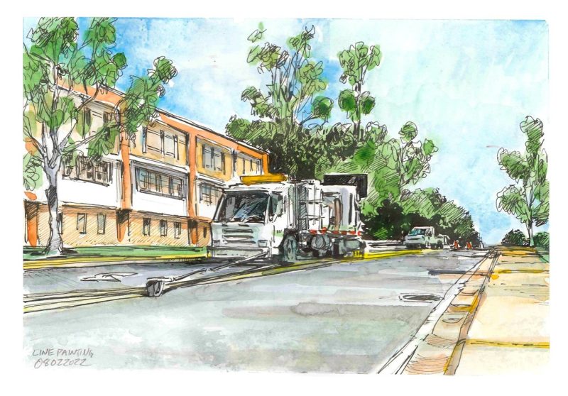 Ink and watercolor sketch of VDOT truck painting double yellow lines on West Campus Drive