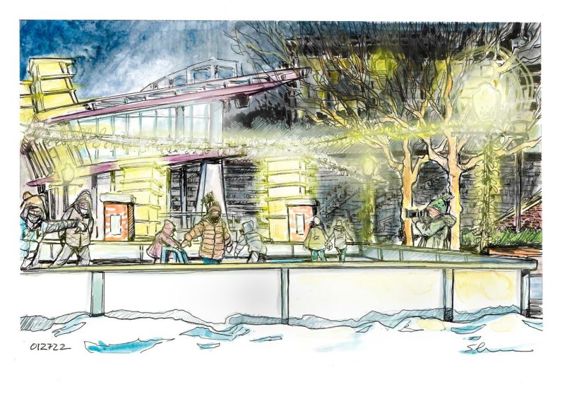 Ink and watercolor of The Black Faculty and Staff Caucus ice skating park at Elmwood Park in Roanoke