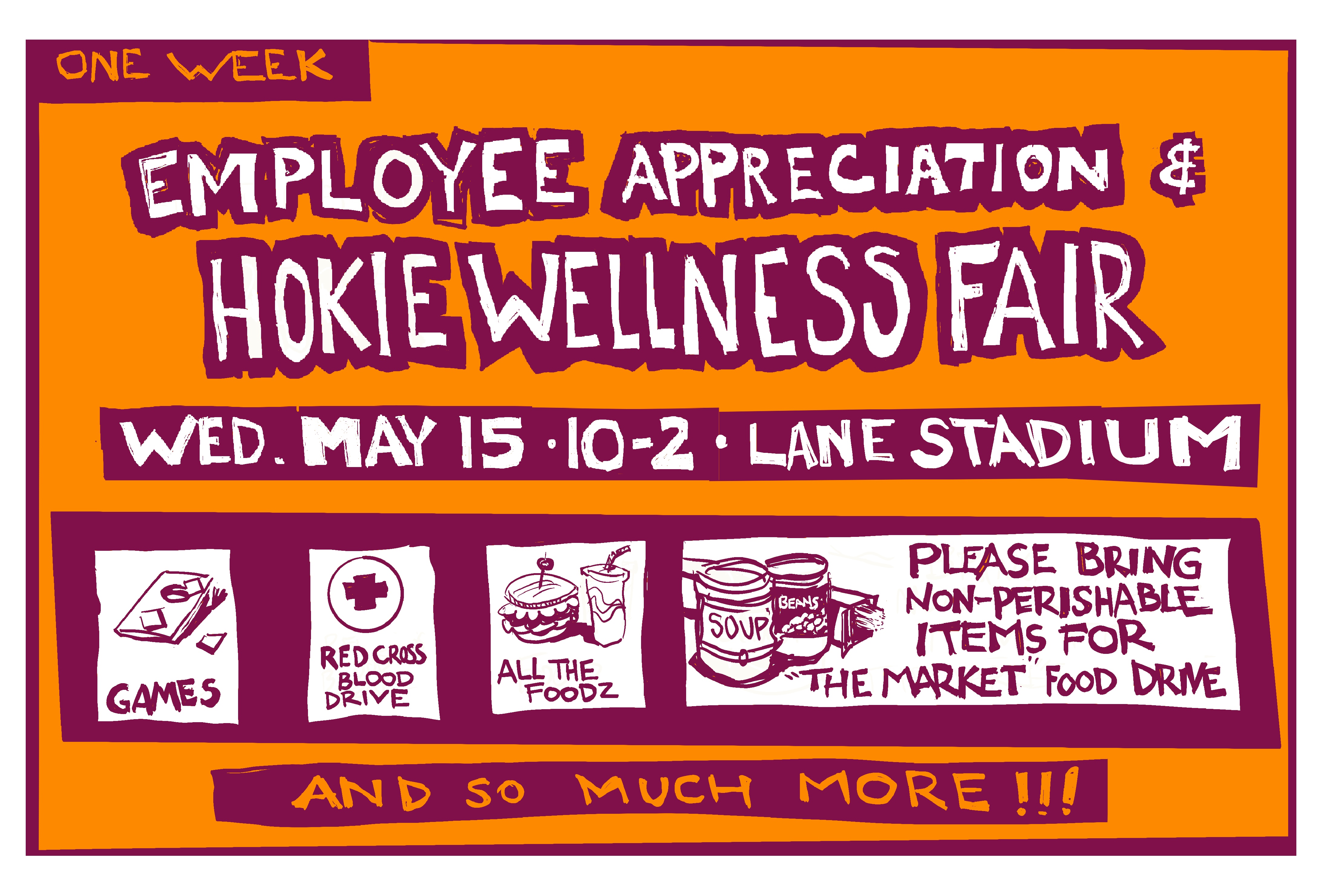 Digital sketch of text reminding employees of the Employee Appreciation and Hokie Wellness Fair next week, May 6 from 10-02 in lane stadium