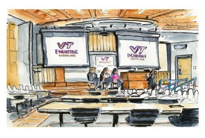 Ink and watercolor sketch of the undergrad panel for Engineering Insider Weekend