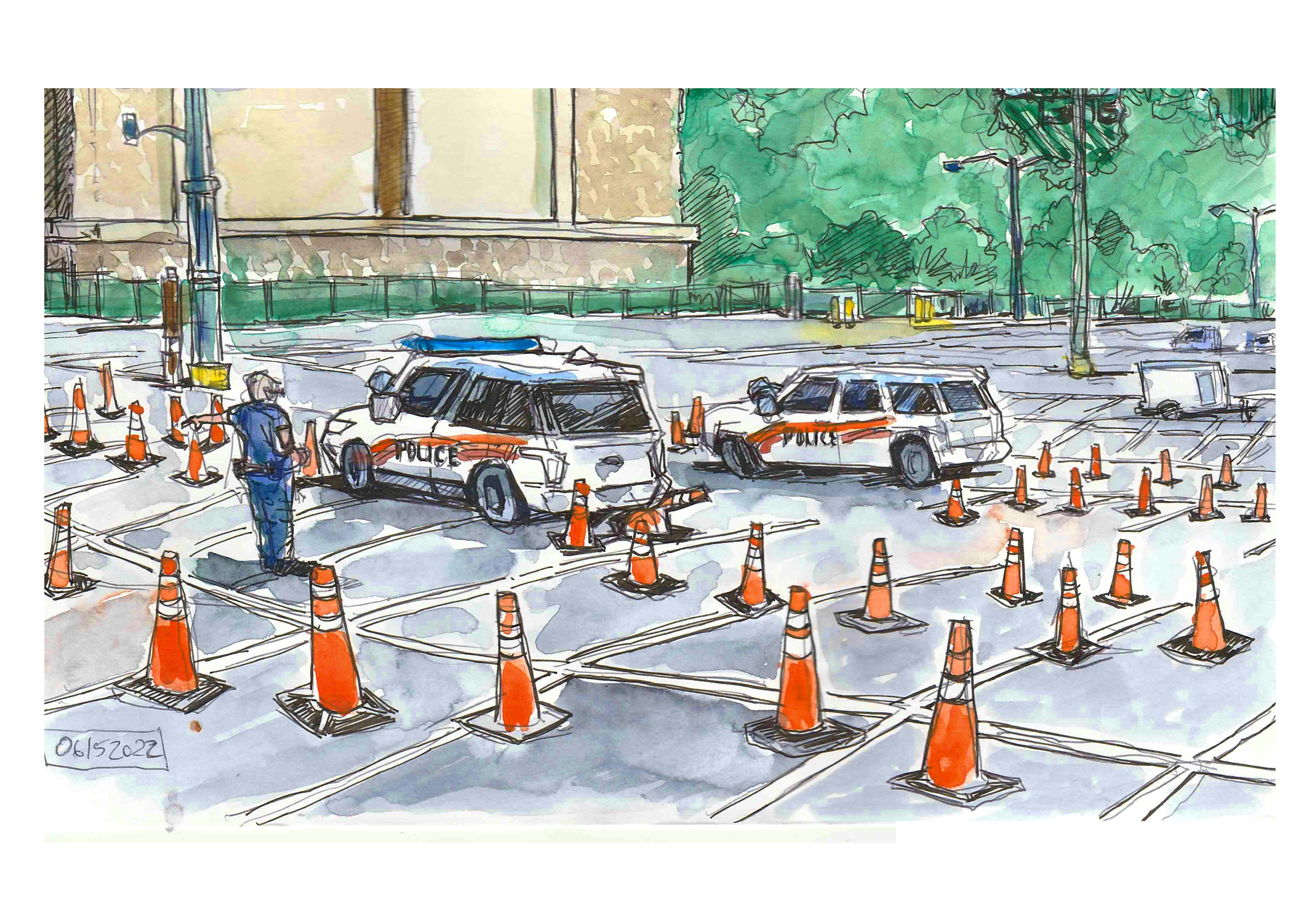 Ink and watercolor sketch of faculty staff police academy students driving police cruisers along a cone course set up in the Cage parking lot