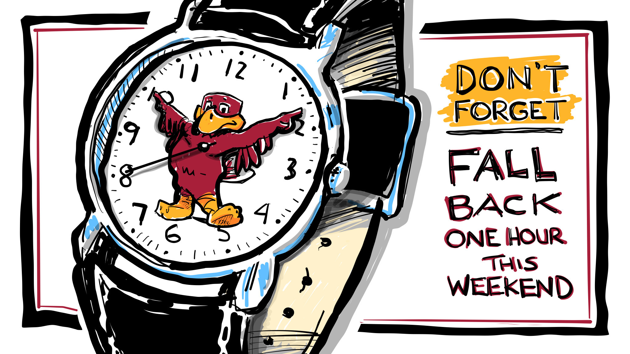 Digital sketch of a HokieBird watch reminding folks to fall back one hour this weekend
