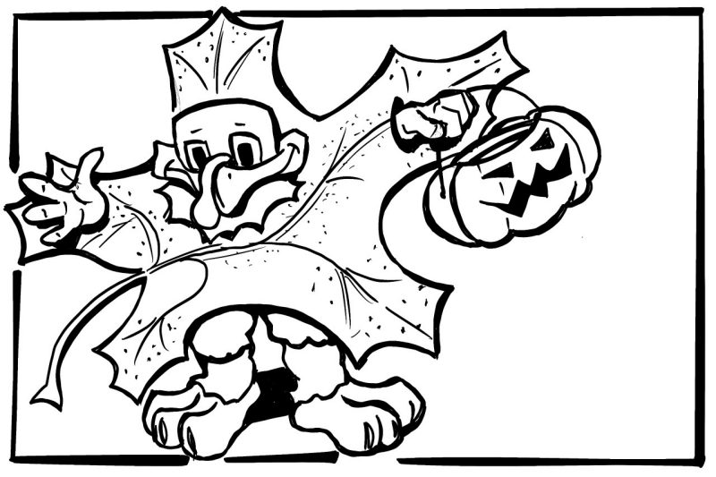 Digital ink sketch of HokieBird in a leaf costume, carrying a pumpkin candy container