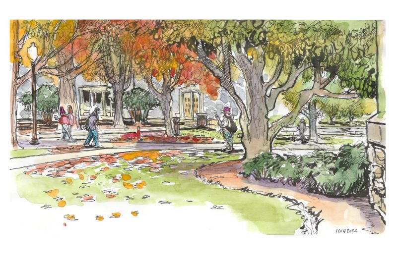 Ink and watercolor of leaves behind Williams Hall