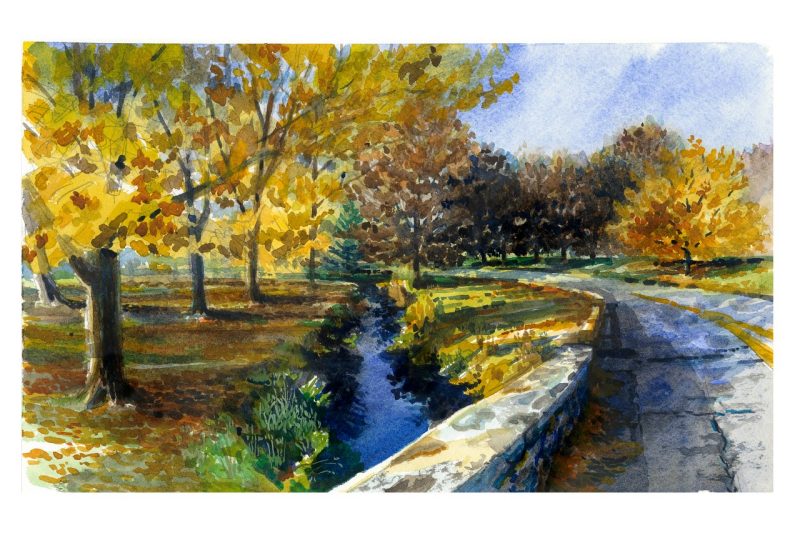 A watercolor sketch of the view along Duck Pond Drive from a small bridge that crosses over Stroubles Creek into the upper Duck Pond impoundment area