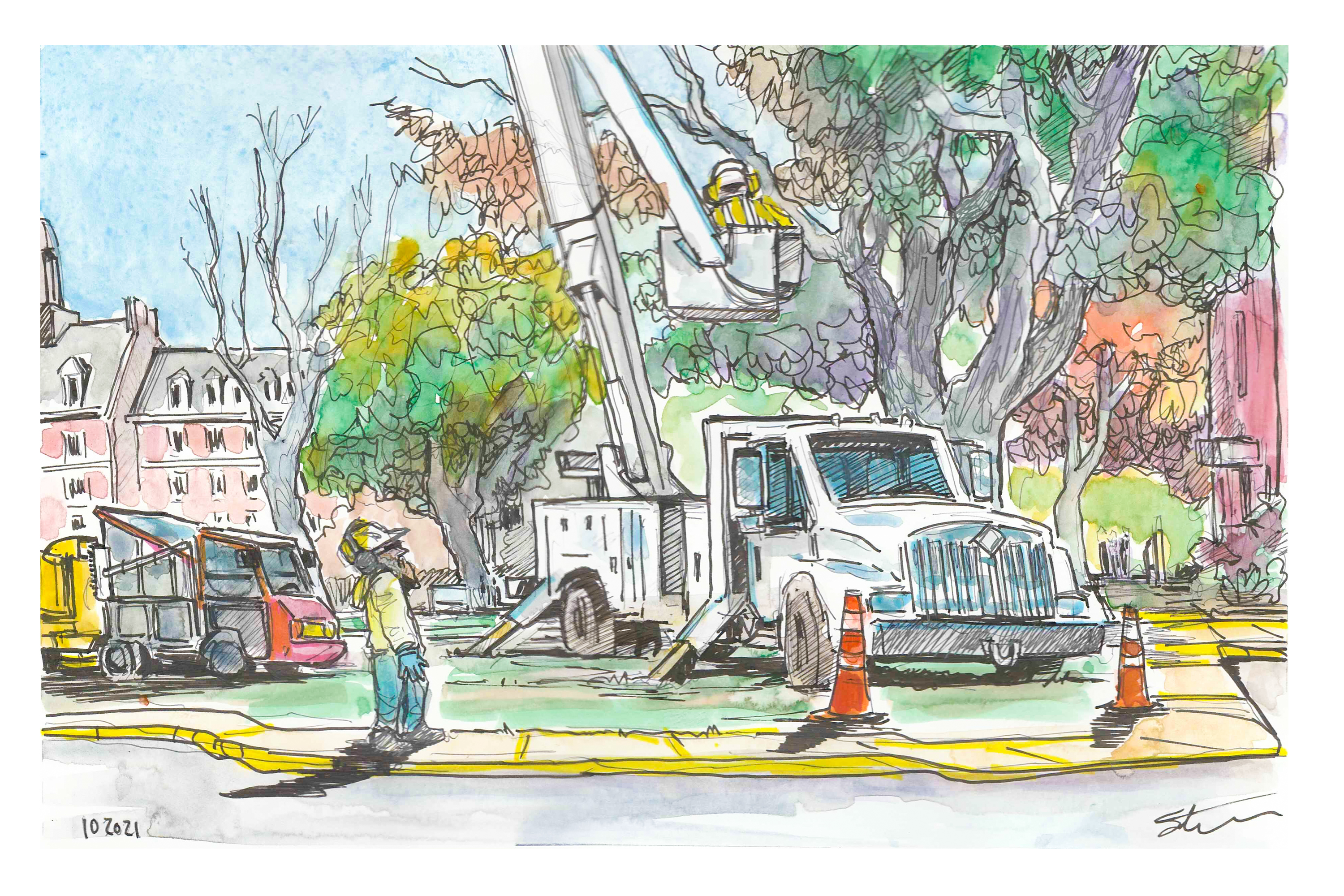 Ink and watercolor sketch of employees removing tree limbs using a bucket truck
