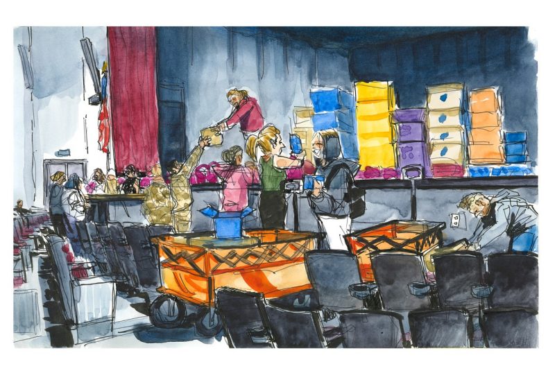 Ink and watercolor sketch of poli sci section 1034 in GLC 64 assembling final exam care packages