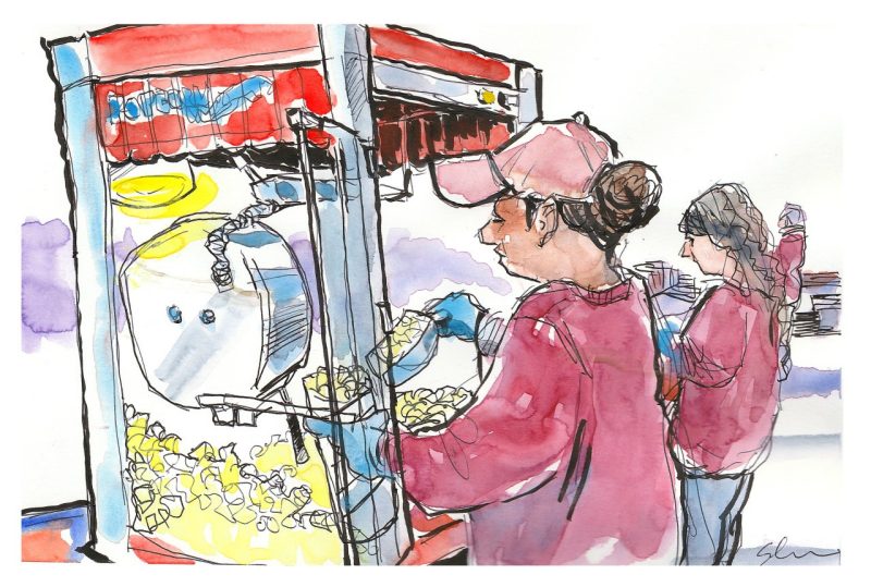 Ink and watercolor sketch of a giving day volunteer scooping fresh popcorn into a popcorn bag at the watch party