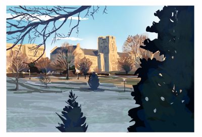 Digital sketch of the Drillfield from the west end of campus. Fosty is on the grass below where the sun has hit. 