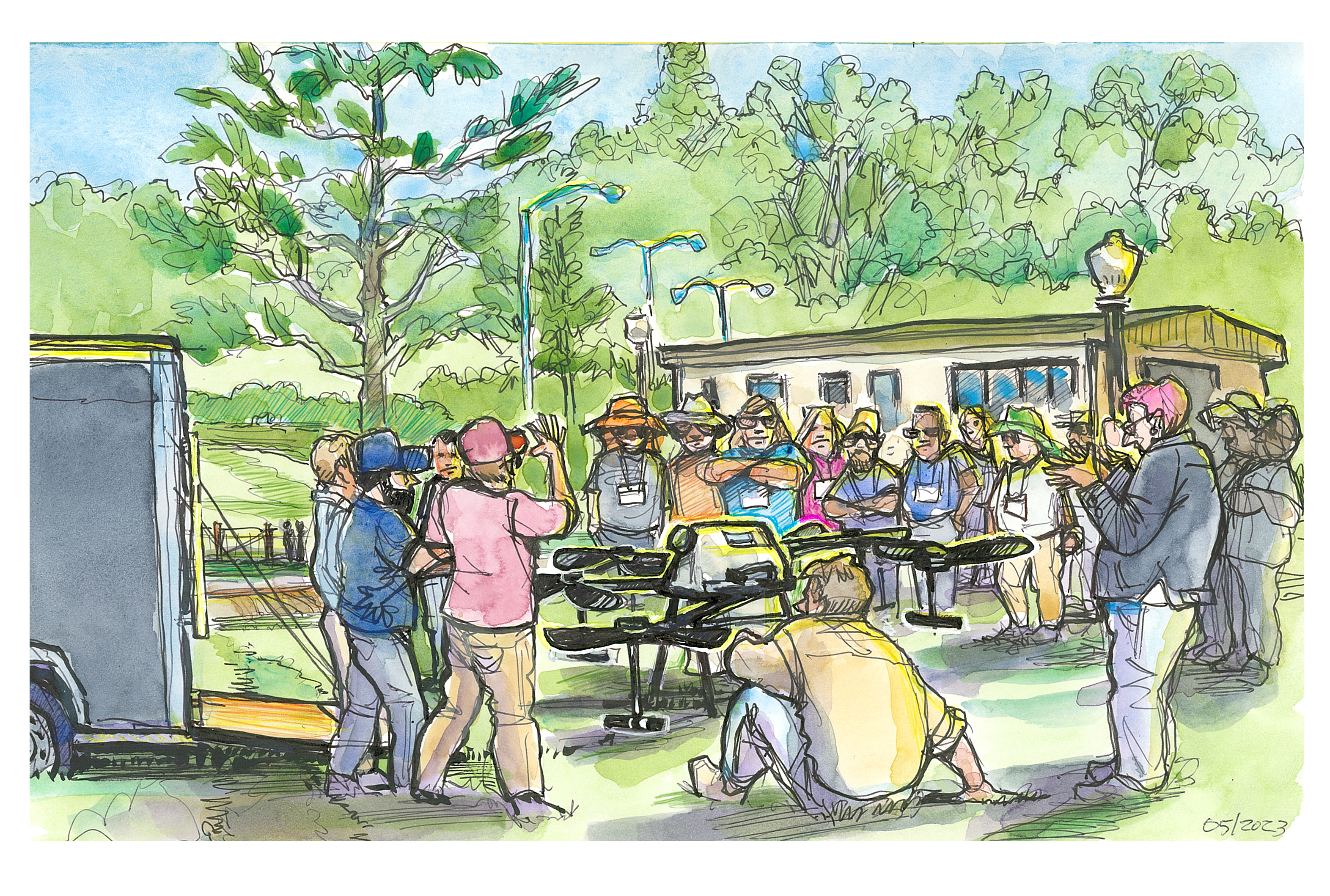 Ink and watercolor sketch of the GEOTED-UAS Continuing Education Institute gathering to discuss spraying using unmanned aircraft (drones) at the Virginia Tech Drone Park