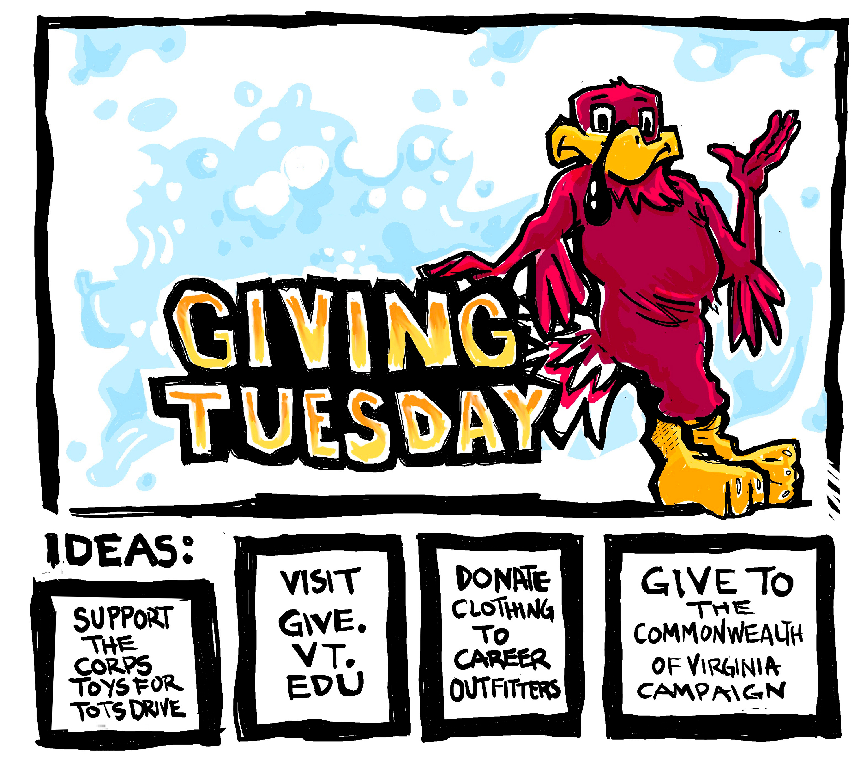 Digital sketch of the HokieBird with a Giving Tuesday letter block and some ideas for giving