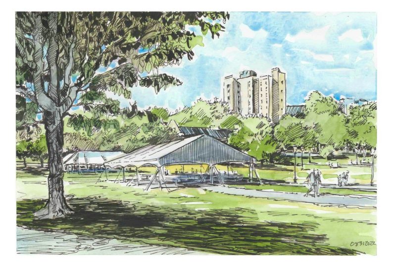 Ink and watercolor sketch of Gobblerfest tents on the Drillfield