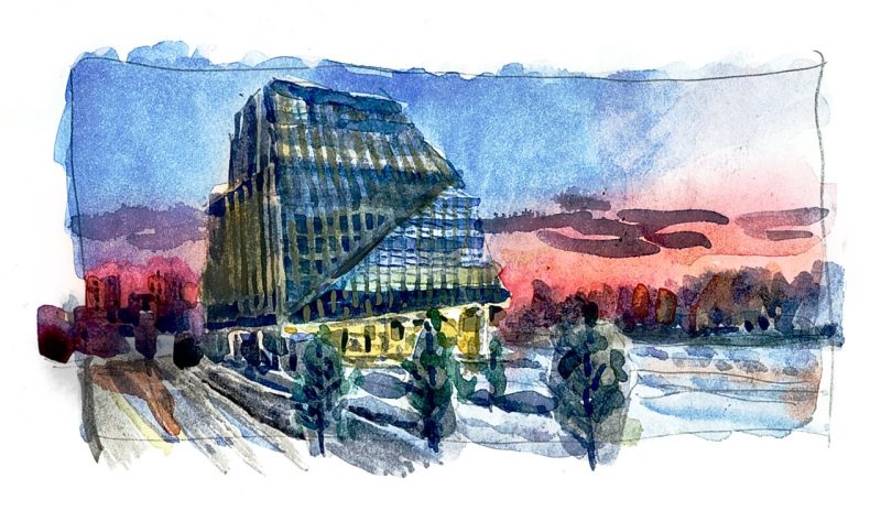 Watercolor sketch of Building One on the Innovation Campus in Alexandria Va