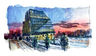 Watercolor sketch of Building One on the Innovation Campus in Alexandria Va