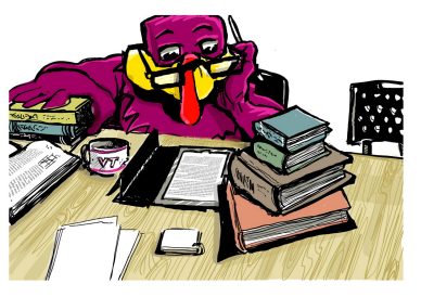 Digital sketch of the HokieBird reading on Reading Day
