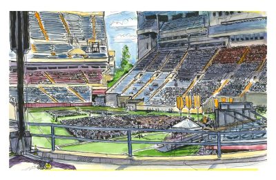 ink and watercolor sketch of the 2023 Spring Graduate School Commencement at Lane Stadium