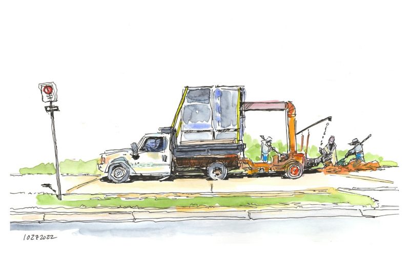 Ink and watercolor sketch of a grounds crew getting up a pile of leaves with the leaf vacuum towed behind a truck