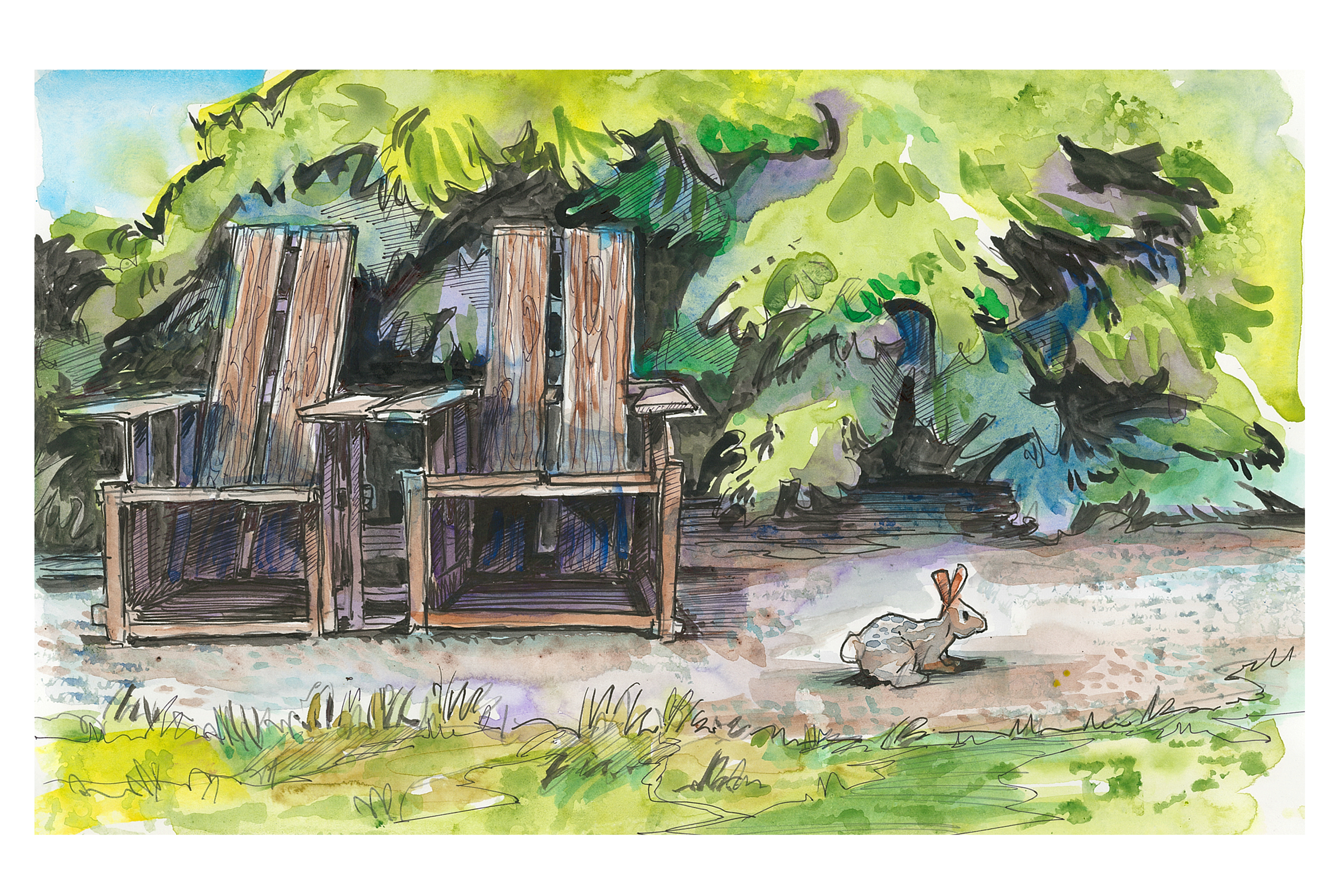 Ink and watercolor sketch of a rabbit with two hahn garden chairs