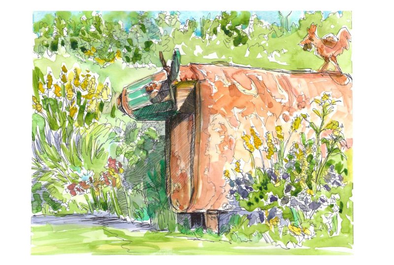 Ink and watercolor fuel tank cow in Hahn Garden