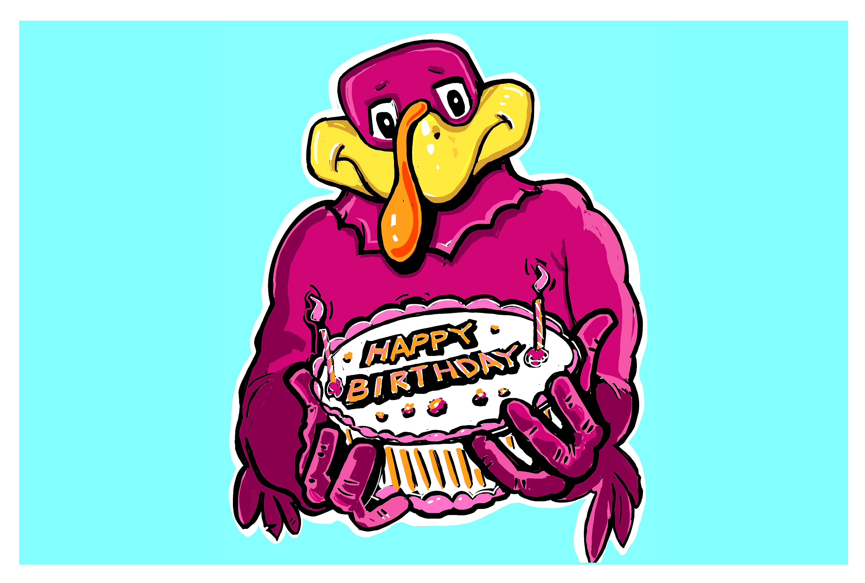 Digital sketch of the HokieBird holding a birthday cake