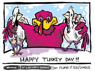 Digital sketch of the HokieBird with a couple of turkeys. Text says happy turkey day