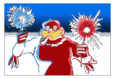 Animated digital sketch of the HokieBird holding sparklers and wishing everyone a safe and happy July 4th 