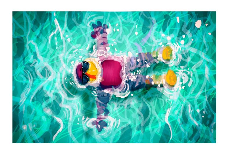 Digital sketch of the HokieBird floating in water, relaxing