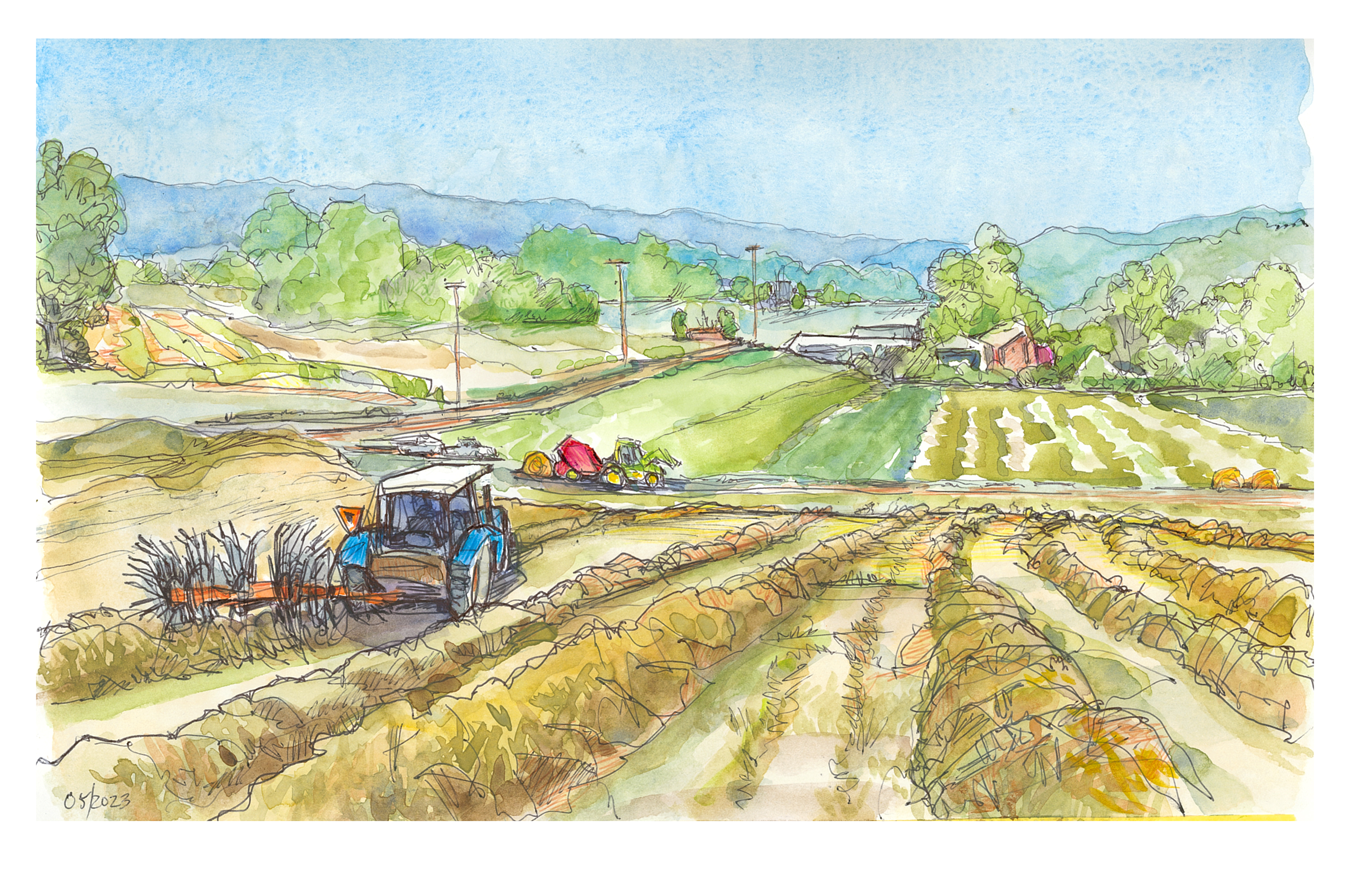 Ink and watercolor sketch of tractors in the fields of kentland bailing and raking hay