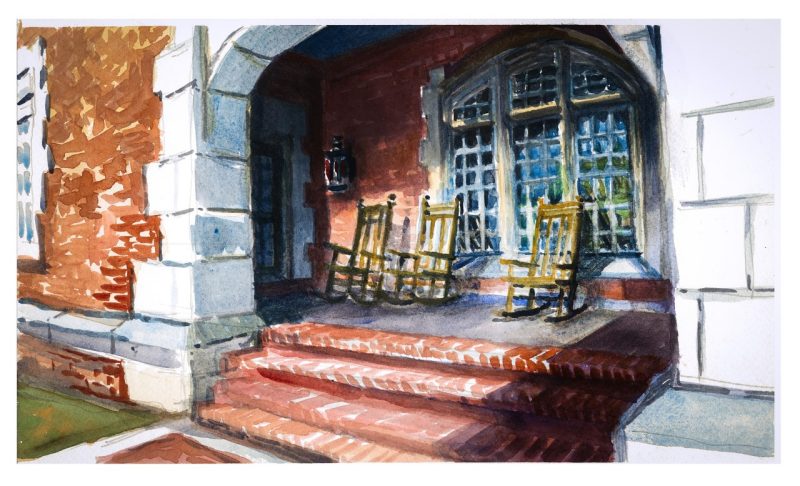 Watercolor sketch of three rocking chairs on the Hillcrest Hall porch